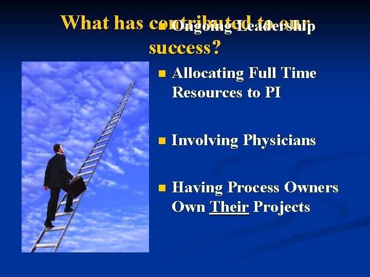 What has contributed to our n Ongoing Leadership success? n Allocating Full Time Resources