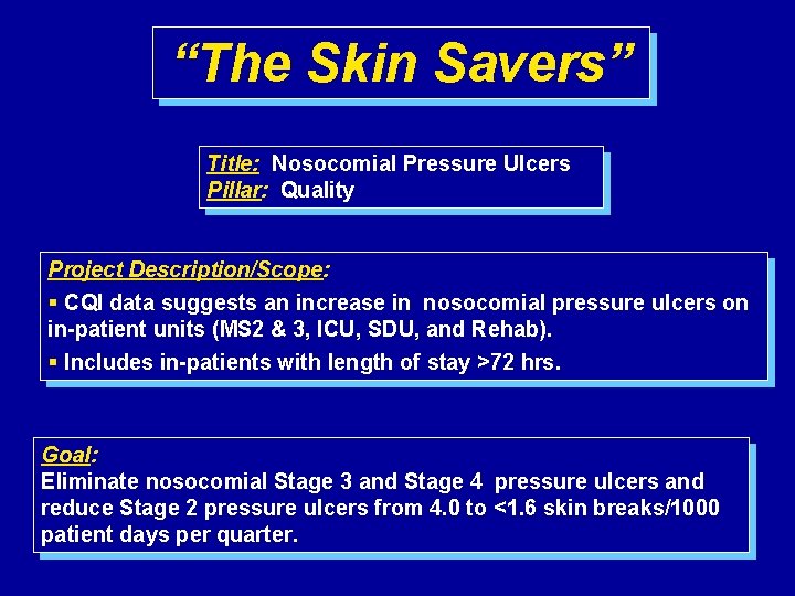 “The Skin Savers” Title: Nosocomial Pressure Ulcers Pillar: Quality Project Description/Scope: § CQI data