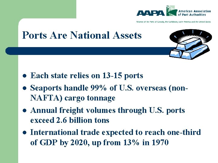 Ports Are National Assets l l Each state relies on 13 -15 ports Seaports