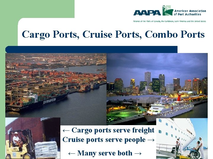 Cargo Ports, Cruise Ports, Combo Ports ← Cargo ports serve freight Cruise ports serve