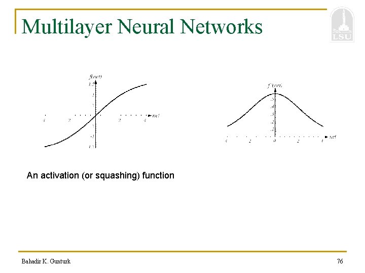 Multilayer Neural Networks An activation (or squashing) function Bahadir K. Gunturk 76 