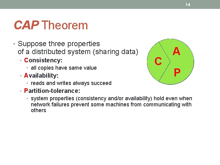 14 CAP Theorem • Suppose three properties of a distributed system (sharing data) C