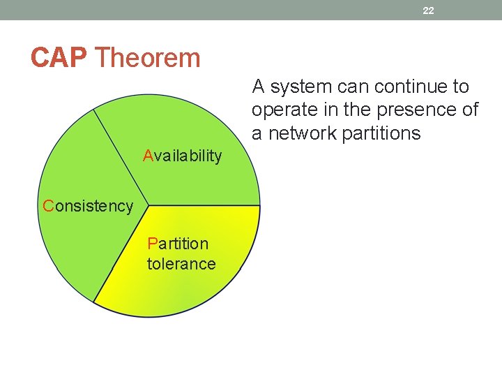 22 CAP Theorem A system can continue to operate in the presence of a