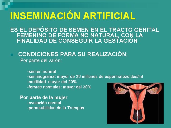 INSEMINACIÓN ARTIFICIAL ES EL DEPÓSITO DE SEMEN EN EL TRACTO GENITAL FEMENINO DE FORMA