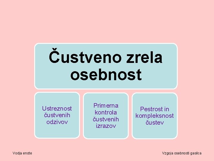 Čustveno zrela osebnost Ustreznost čustvenih odzivov Vodja enote Primerna kontrola čustvenih izrazov Pestrost in