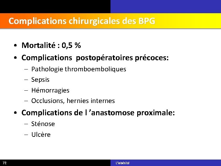 Complications chirurgicales des BPG • Mortalité : 0, 5 % • Complications postopératoires précoces: