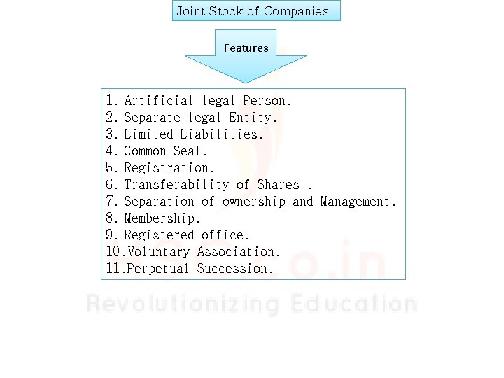 Joint Stock of Companies Features 1. Artificial legal Person. 2. Separate legal Entity. 3.