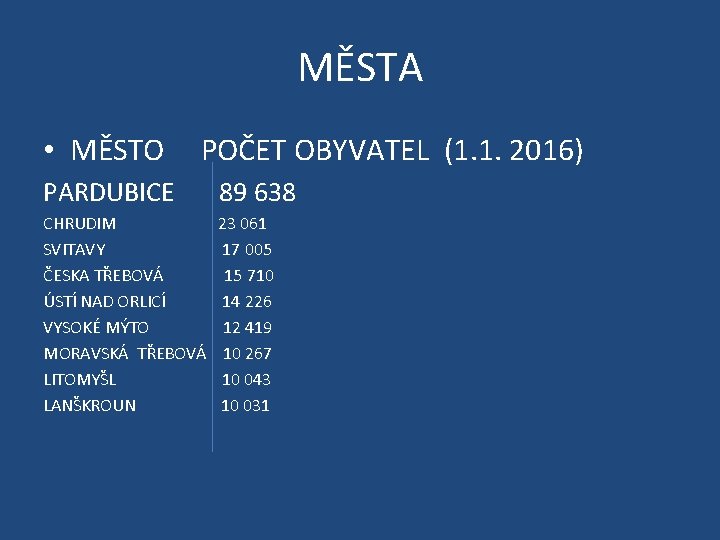 MĚSTA • MĚSTO POČET OBYVATEL (1. 1. 2016) PARDUBICE 89 638 CHRUDIM 23 061