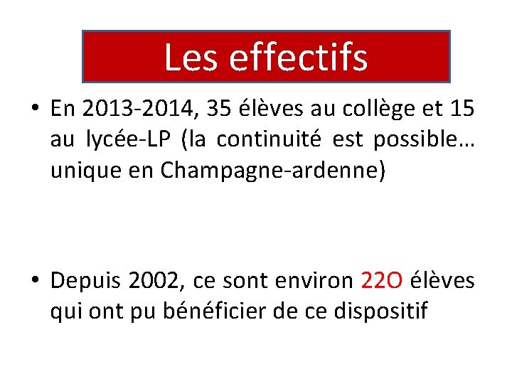 Les effectifs • En 2013 -2014, 35 élèves au collège et 15 au lycée-LP