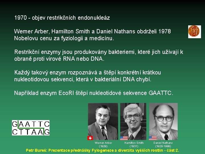 1970 - objev restrikčních endonukleáz Werner Arber, Hamilton Smith a Daniel Nathans obdrželi 1978