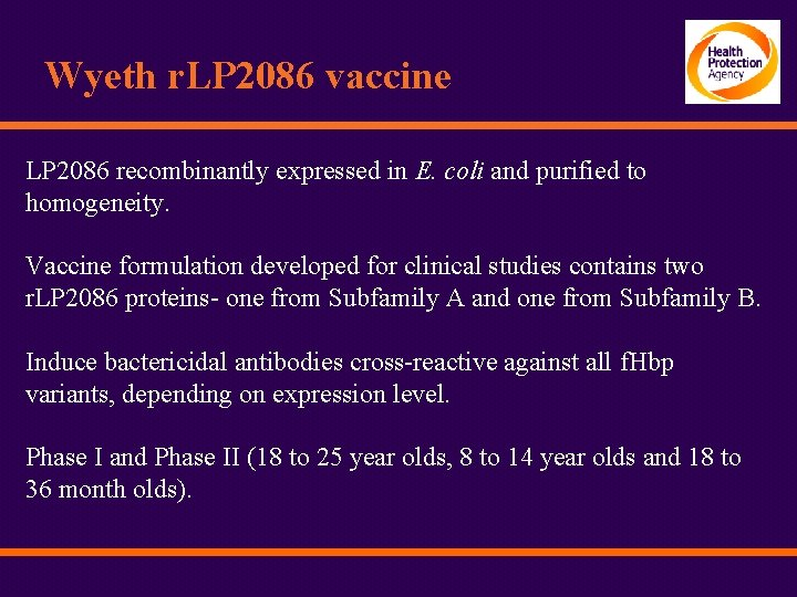 Wyeth r. LP 2086 vaccine LP 2086 recombinantly expressed in E. coli and purified