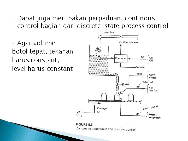 - Dapat juga merupakan perpaduan, continous control bagian dari discrete-state process control Agar volume