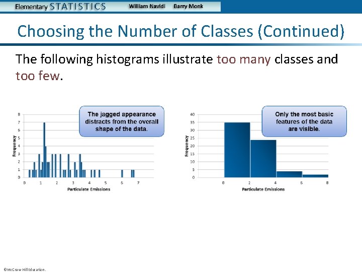 Choosing the Number of Classes (Continued) The following histograms illustrate too many classes and