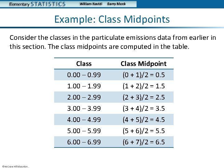 Example: Class Midpoints Consider the classes in the particulate emissions data from earlier in