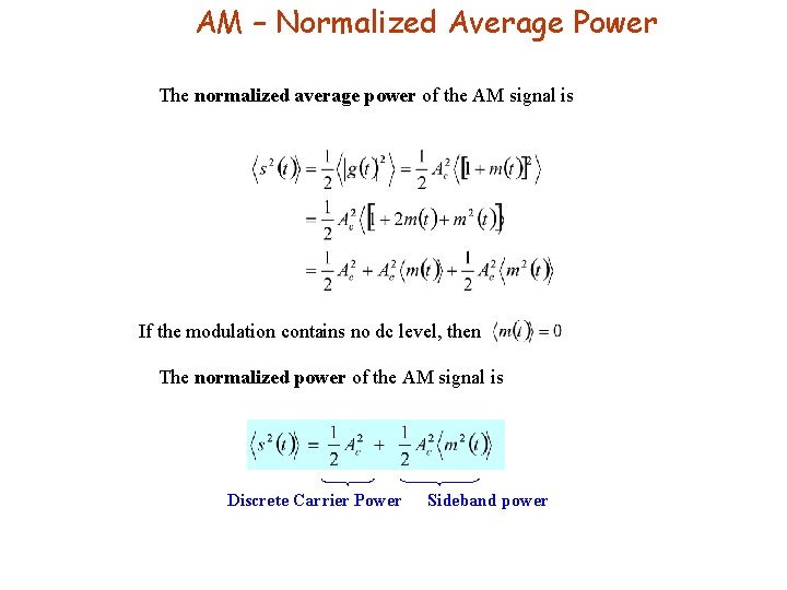 AM – Normalized Average Power The normalized average power of the AM signal is