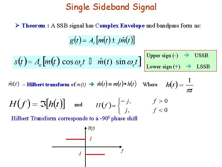 Single Sideband Signal Ø Theorem : A SSB signal has Complex Envelope and bandpass