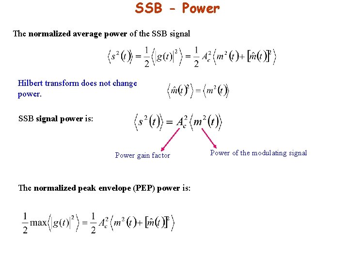 SSB - Power The normalized average power of the SSB signal Hilbert transform does