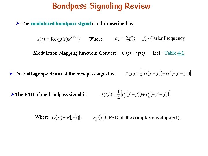 Bandpass Signaling Review Ø The modulated bandpass signal can be described by Where Modulation