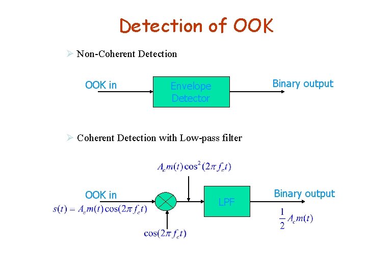 Detection of OOK Ø Non-Coherent Detection OOK in Binary output Envelope Detector Ø Coherent