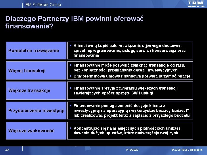 IBM Software Group Dlaczego Partnerzy IBM powinni oferować finansowanie? Kompletne rozwiązanie § Klienci wolą