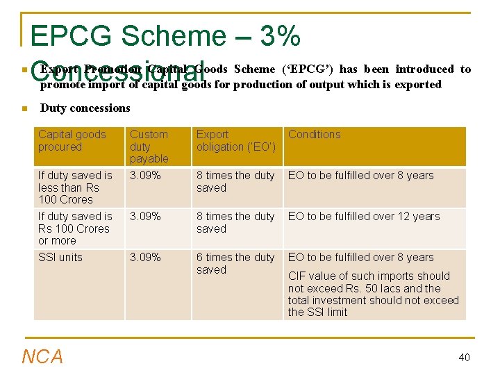 n n EPCG Scheme – 3% Export Promotion Capital Goods Scheme (‘EPCG’) has been