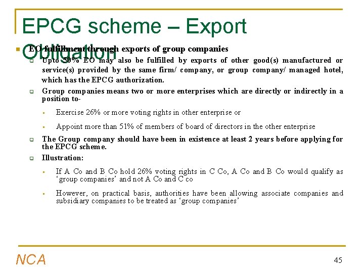 n EPCG scheme – Export EO fulfillment through exports of group companies Obligation q