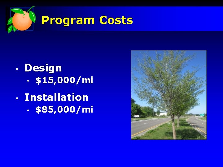 Program Costs • Design • • $15, 000/mi Installation • $85, 000/mi 