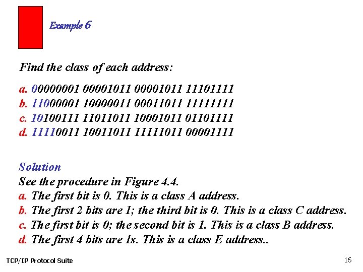 Example 6 Find the class of each address: a. 00000001011 11101111 b. 110000011 00011011
