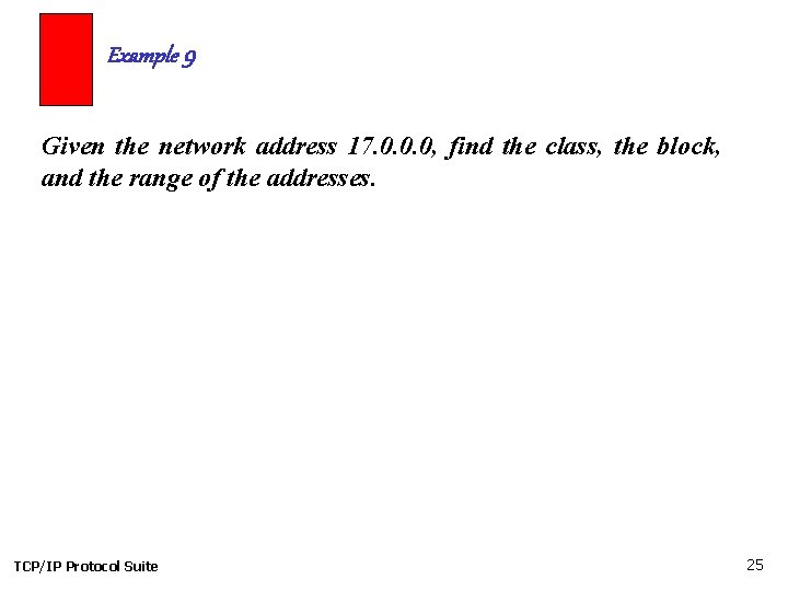 Example 9 Given the network address 17. 0. 0. 0, find the class, the