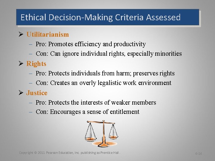 Ethical Decision-Making Criteria Assessed Ø Utilitarianism – Pro: Promotes efficiency and productivity – Con: