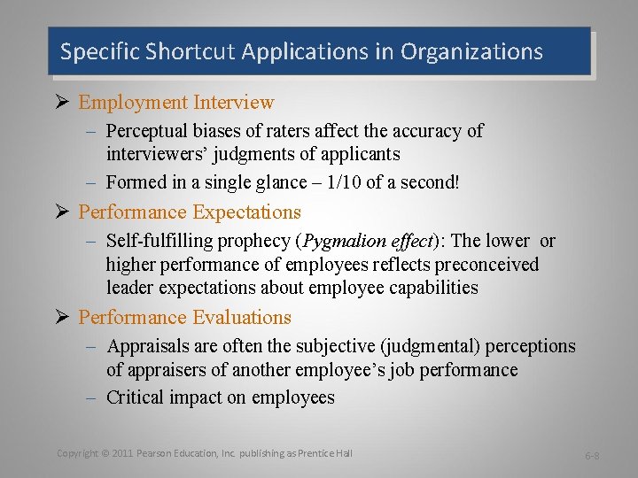 Specific Shortcut Applications in Organizations Ø Employment Interview – Perceptual biases of raters affect