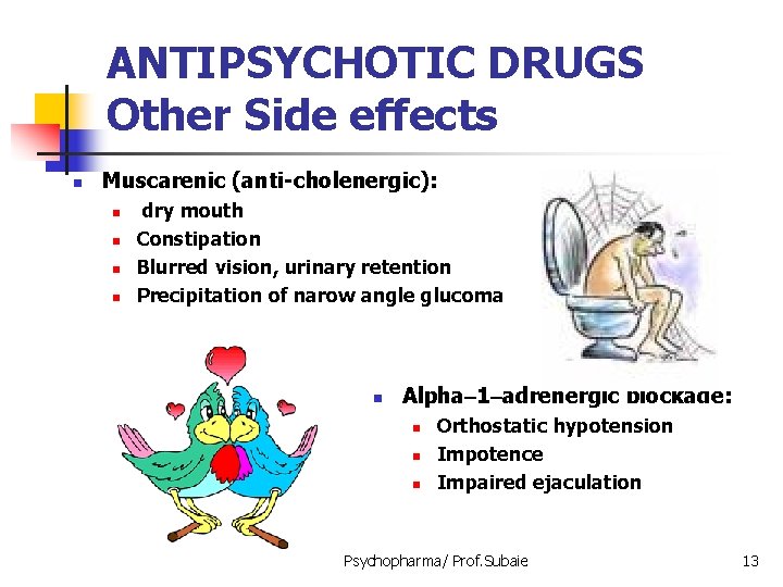 ANTIPSYCHOTIC DRUGS Other Side effects n Muscarenic (anti-cholenergic): n n dry mouth Constipation Blurred