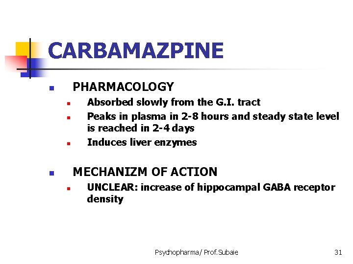 CARBAMAZPINE PHARMACOLOGY n n Absorbed slowly from the G. I. tract Peaks in plasma