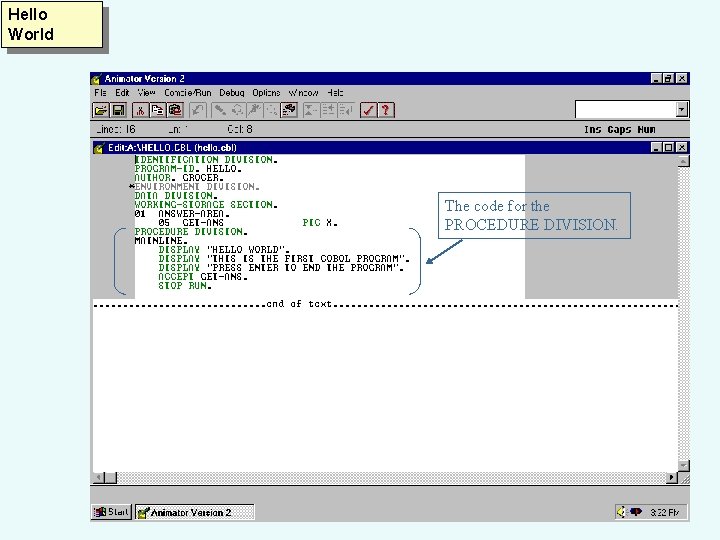 Hello World The code for the PROCEDURE DIVISION. 