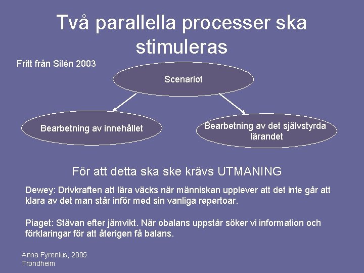 Två parallella processer ska stimuleras Fritt från Silén 2003 Scenariot Bearbetning av innehållet Bearbetning