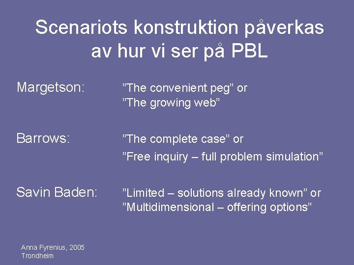 Scenariots konstruktion påverkas av hur vi ser på PBL Margetson: ”The convenient peg” or