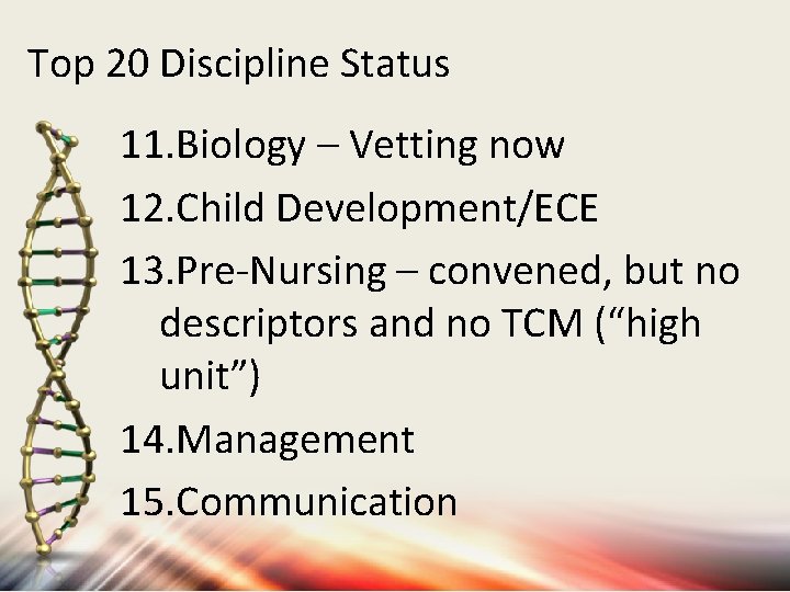 Top 20 Discipline Status 11. Biology – Vetting now 12. Child Development/ECE 13. Pre-Nursing