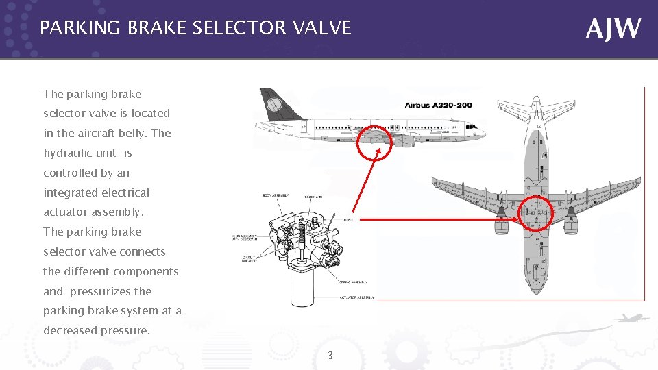 PARKING BRAKE SELECTOR VALVE The parking brake selector valve is located in the aircraft