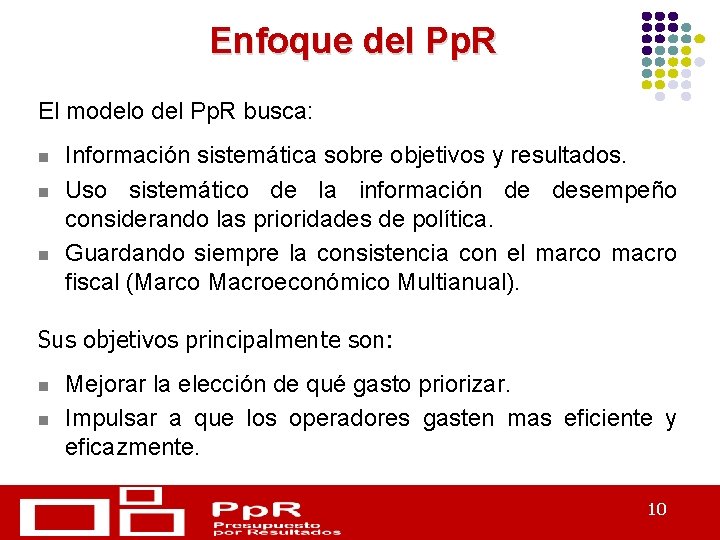 Enfoque del Pp. R El modelo del Pp. R busca: n n n Información