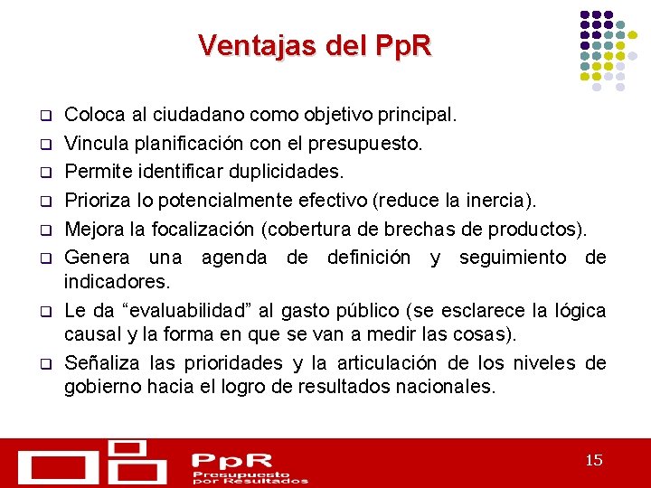 Despacho Viceministerial de Hacienda Ventajas del Pp. R q q q q Coloca al