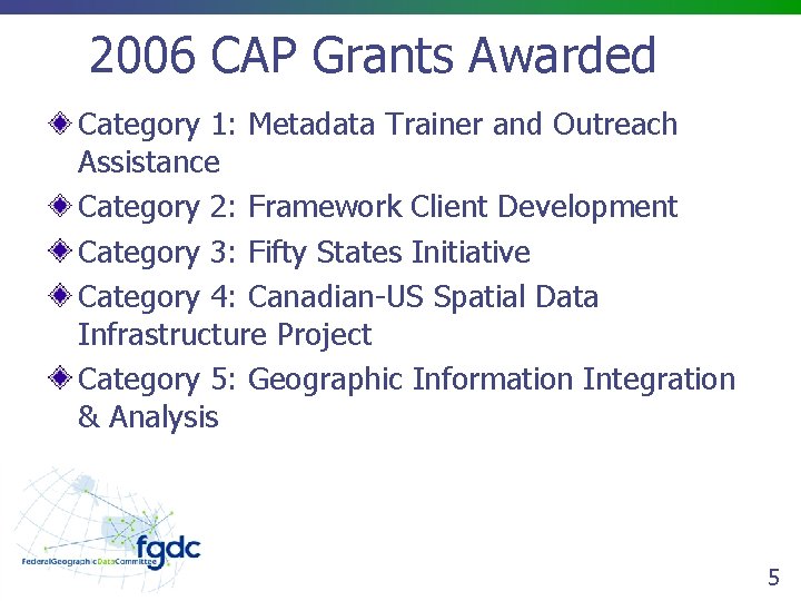 2006 CAP Grants Awarded Category 1: Metadata Trainer and Outreach Assistance Category 2: Framework