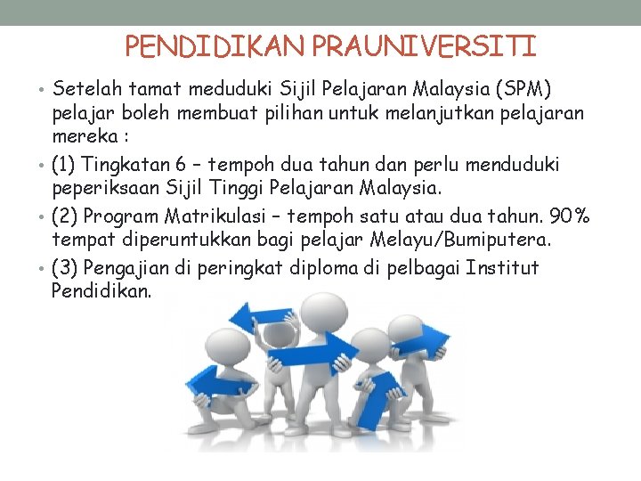 PENDIDIKAN PRAUNIVERSITI • Setelah tamat meduduki Sijil Pelajaran Malaysia (SPM) pelajar boleh membuat pilihan