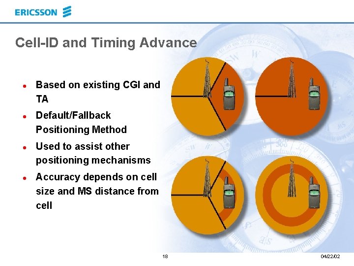 Cell-ID and Timing Advance l l Based on existing CGI and TA Default/Fallback Positioning