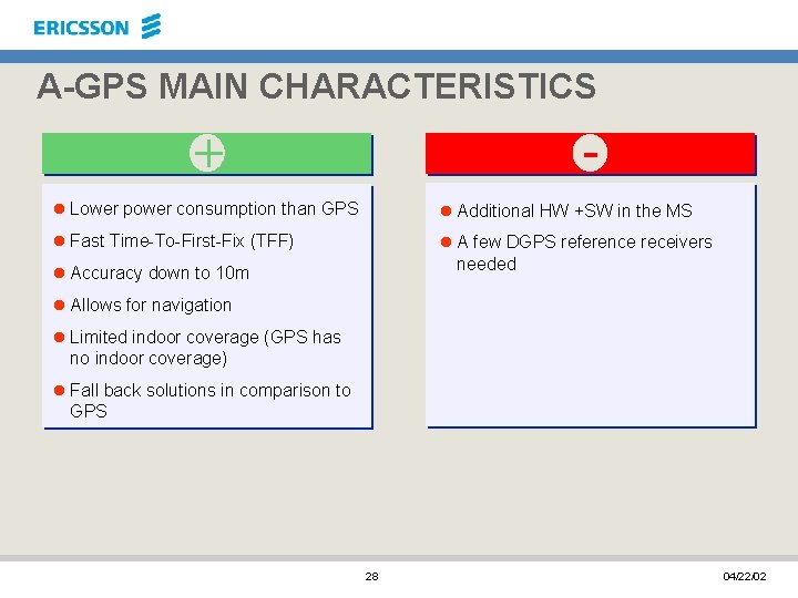 A-GPS MAIN CHARACTERISTICS - + l Lower power consumption than GPS l Additional HW