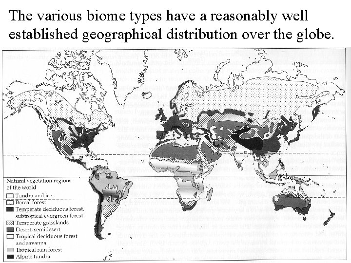 The various biome types have a reasonably well established geographical distribution over the globe.