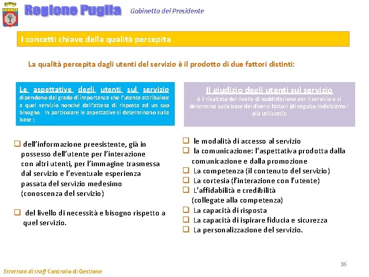 Gabinetto del Presidente I concetti chiave della qualità percepita La qualità percepita dagli utenti