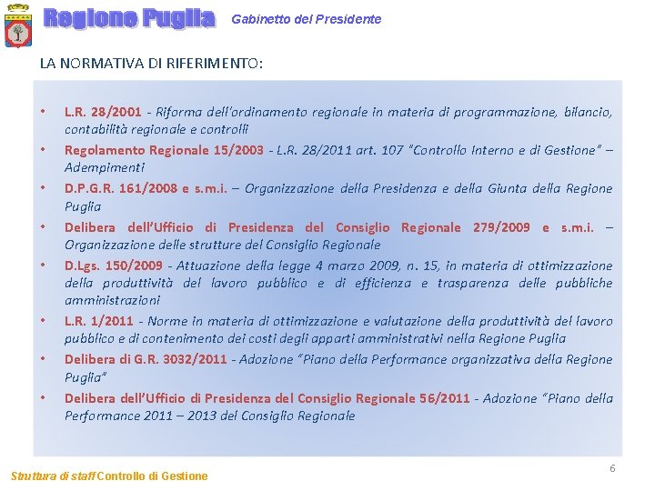 Gabinetto del Presidente LA NORMATIVA DI RIFERIMENTO: • • L. R. 28/2001 - Riforma