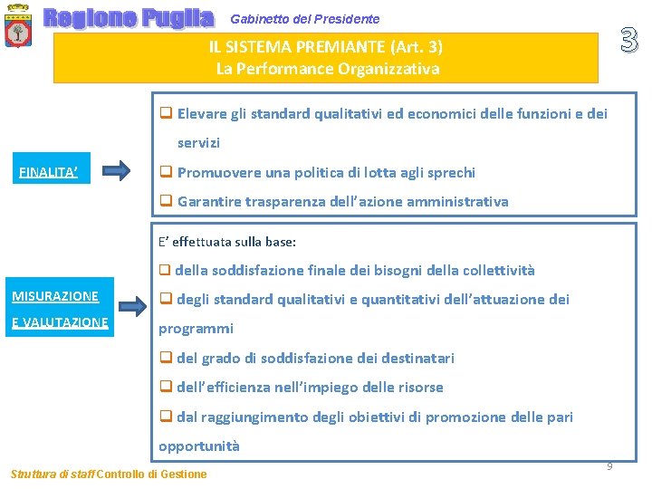 Gabinetto del Presidente 3 IL SISTEMA PREMIANTE (Art. 3) La Performance Organizzativa q Elevare