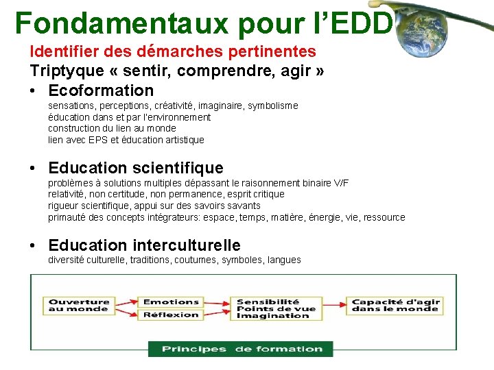 Fondamentaux pour l’EDD Identifier des démarches pertinentes Triptyque « sentir, comprendre, agir » •