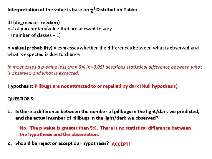 Interpretation of the value is base on c 2 Distribution Table: df (degrees of